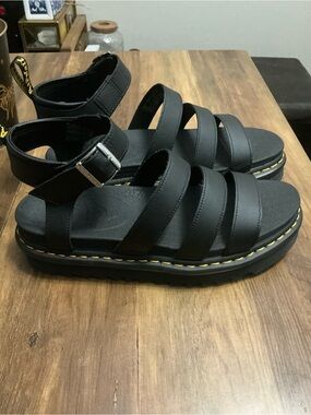 Dr. Martens Black Leather Triple-Strap Sandals with Yellow Stitching